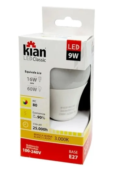 LAMPADA LED BULBO 9W 3000K AMARELA - KIAN