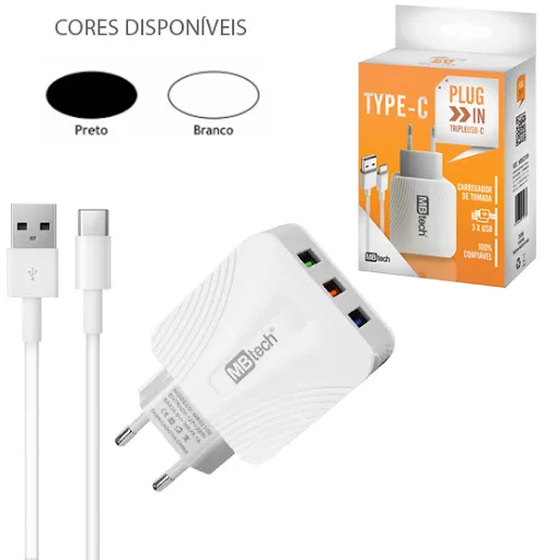 CARREGADOR C/ 3 SAIDAS USB 5.1A + CABO V8 - MBTECH