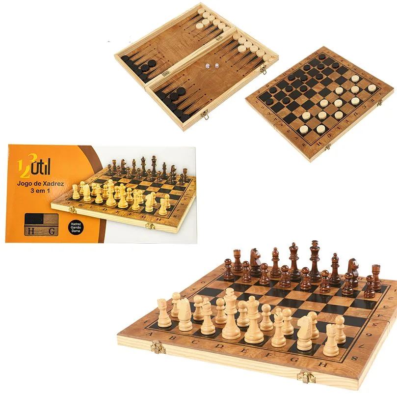 JOGO DE XADREZ / DAMA / GAMAO EM MADEIRA 30C X 30C -