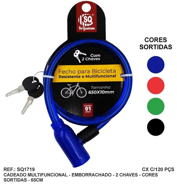 CADEADO P/ BICICLETA C/ CHAVE 10MM X 0,65M EMBORRACHADO - SQ