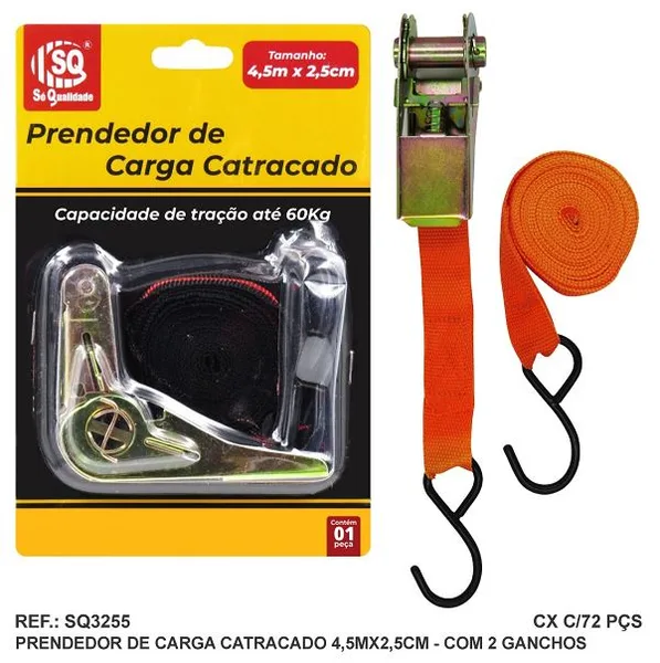 CINTA CATRACA P/ AMARRACAO CARGA 4,50M X 2,50CM C/ 2 GANCHOS - SQ