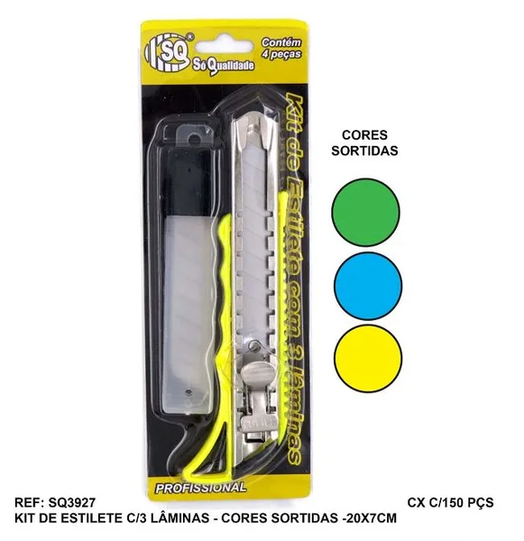 ESTILETE EMBORRACHADO 18MM C/ 3 LAMINAS PROFISSIONAL - SQ