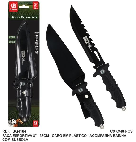 FACA ESPORTIVA 8" C/ BÚSSOLA ACO INOX C/ CABO PLASTICO - SQ