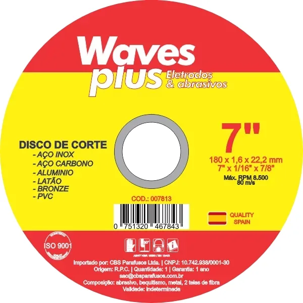 DISCO CORTE INOX 7" X 1,6MM X 7/8 ESPANHA - WAVES