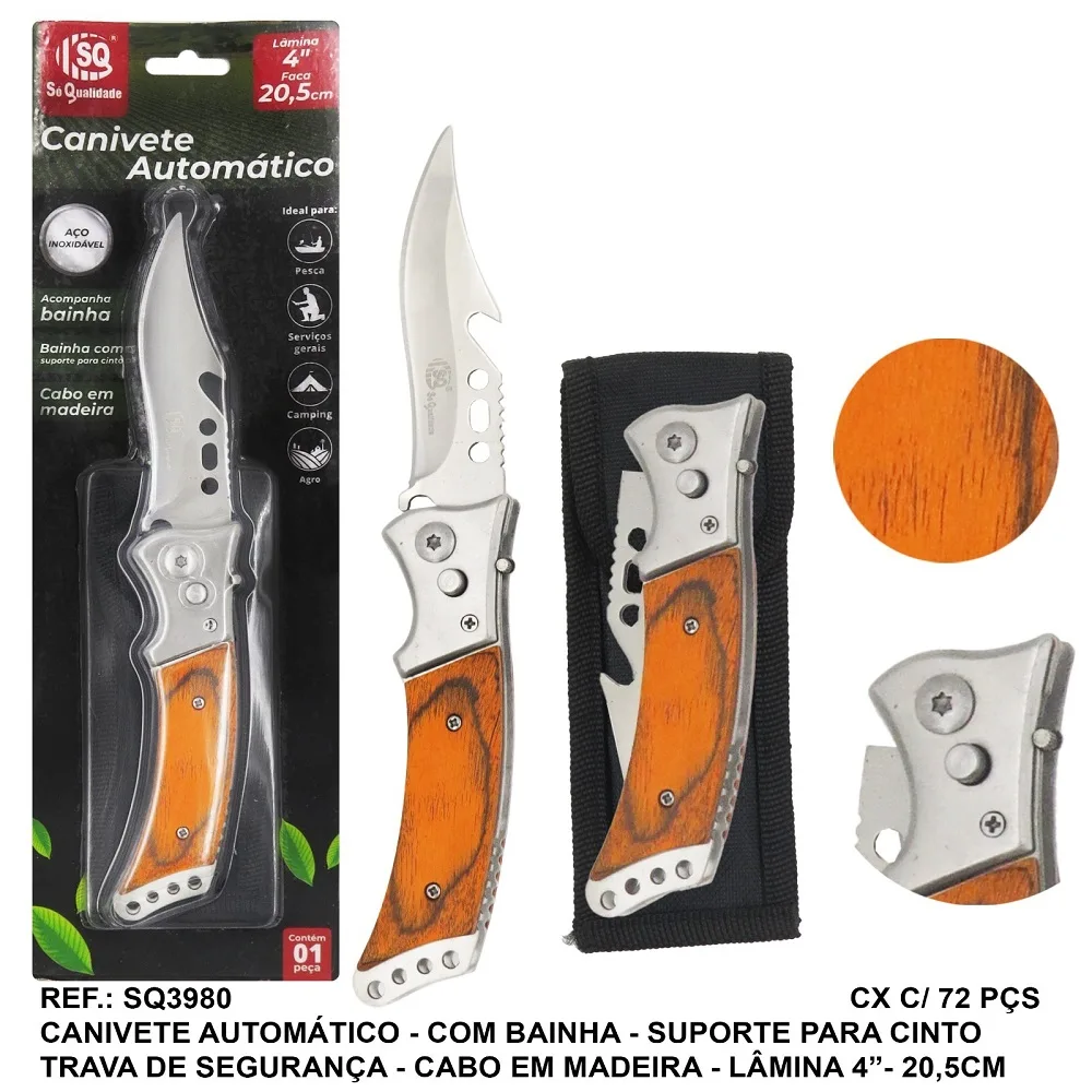 CANIVETE AUTOMATICO C/ BAINHA C/ CABO MAD. LAMINA 4" 20,5CM - SQ