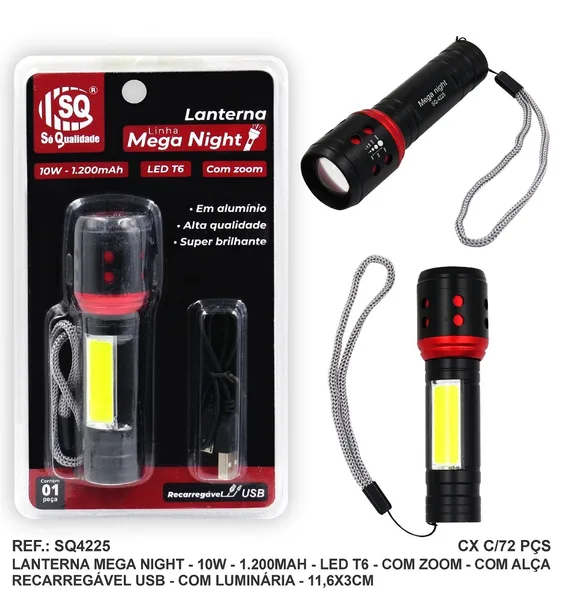 LANTERNA LED RECARREGAVEL LEDT6 10W C/ ZOOM E FUNCAO LUMINARIA MEGA - SQ