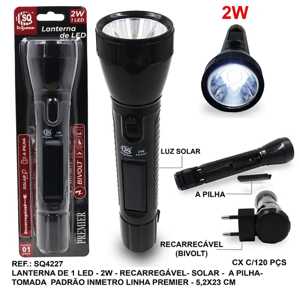 LANTERNA LED RECARREGAVEL 1 LED 2W PILHA/SOLAR - SQ