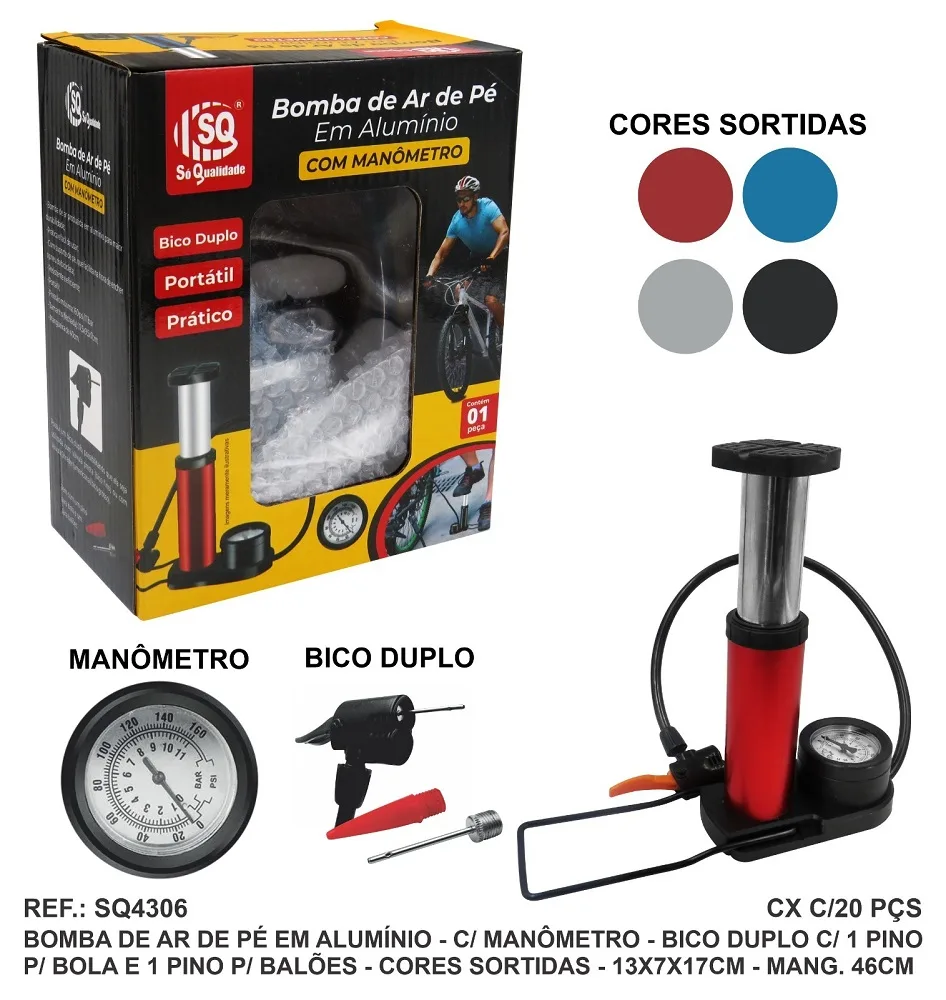 BOMBA DE AR PEDAL ALUMINIO C/ MANOMETRO E BICO DUPLO - SQ