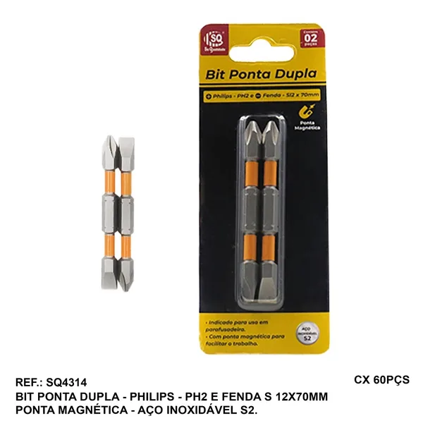 JG. BITS ACO INOX PONTA DUPLA PHILIPS/FENDA PH2 MAGNETICA 12X70MM - SQ
