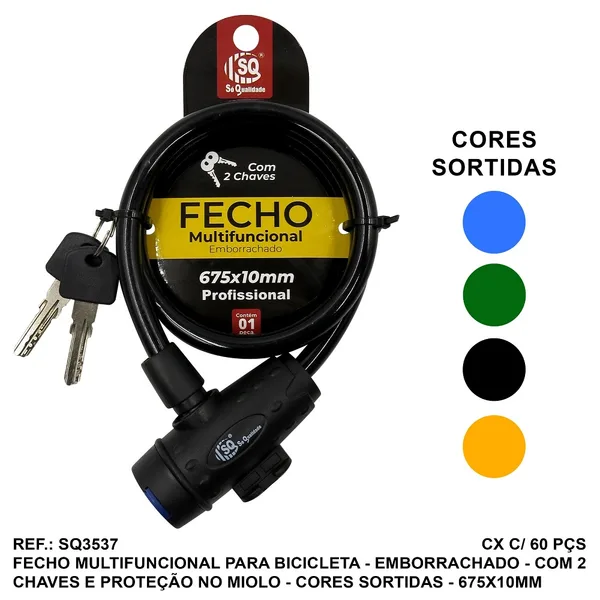 CADEADO P/ BICICLETA PROFISSIONAL C/ CHAVE 10MM X 67,5CM EMBORRACHADO - SQ