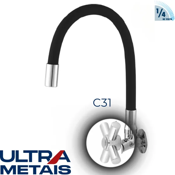 TORNEIRA FLEX PRETA COZ. PAREDE 3/4 C31 1/4 V - ULTRA METAIS