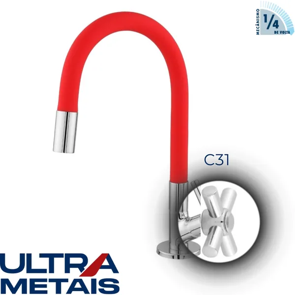 TORNEIRA FLEX VERMELHA COZ. BANCADA 3/4 C31 1/4 V - ULTRA METAIS