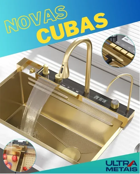 CUBA GOURMET COZINHA DUPLA ACO INOX 304 DOURADA LUXO C/ 2 TORNEIRAS E DISPLAY DIGITAL