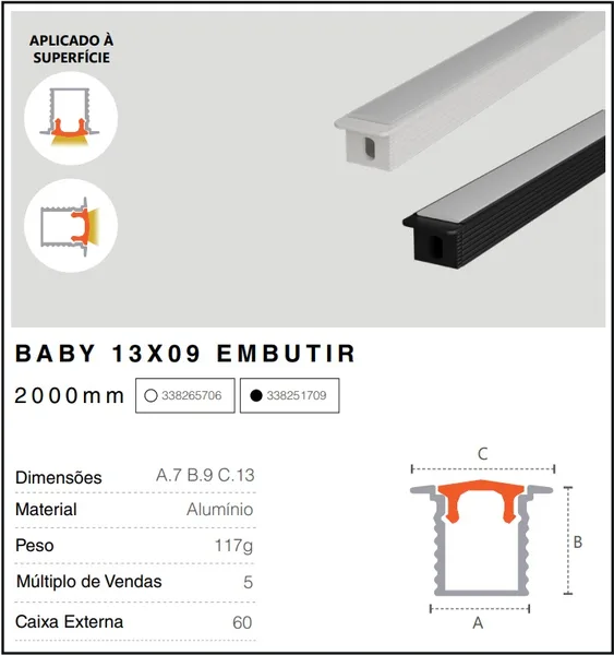 PERFIL EMBUTIR RISQUE 13X09MM PRETO FOSCO C/ 2M