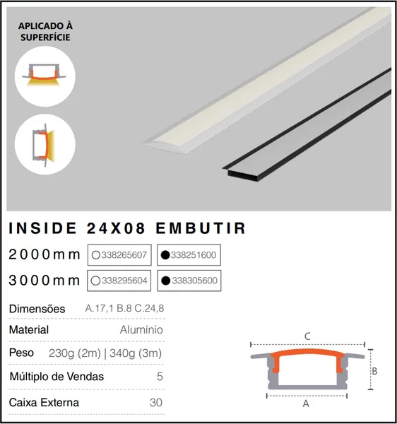 PERFIL EMBUTIR RISQUE 24X08MM PRETO FOSCO C/ 3M