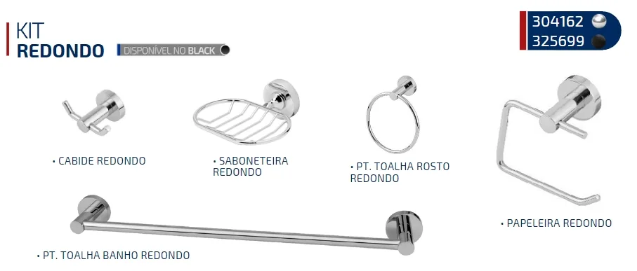 KIT BANHEIRO REDONDO C/ CABIDE DUPLO CROMADO C/ 5 PC - ULTRA METAIS