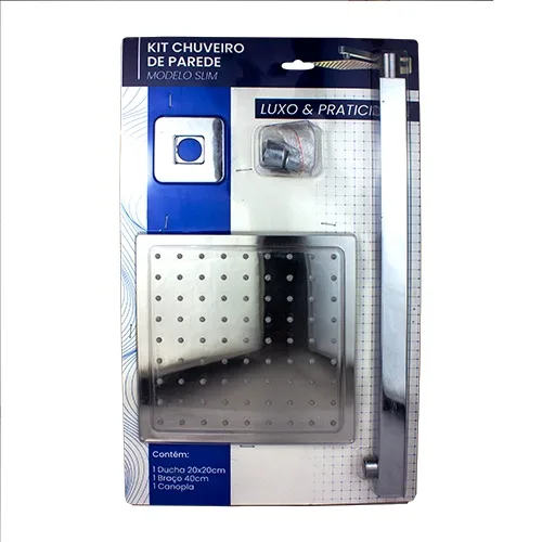 DUCHA COMPLETA SLIM C/ BRACO 20CM X 20CM INOX 304 CROMADA - ULTRA METAIS
