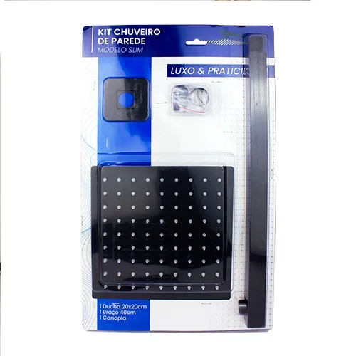 DUCHA COMPLETA SLIM C/ BRACO 20CM X 20CM INOX 304 PRETA - ULTRA METAIS