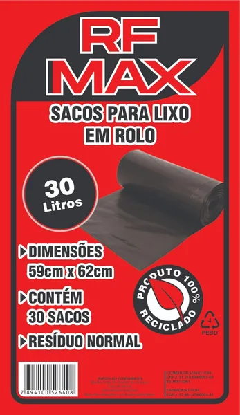 SACO P/ LIXO EM ROLO 30L PRETO C/ 30 SACOS -