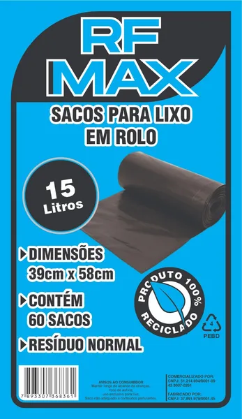 SACO P/ LIXO EM ROLO 15L PRETO C/ 60 SACOS -