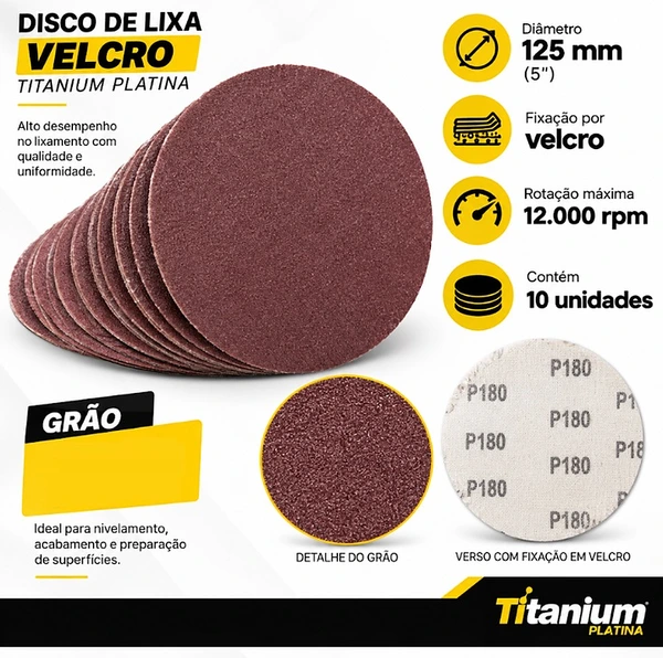 DISCO LIXA VELCRO S/ FURO 125 MM G.150 C/10 UNID. TITANIUM
